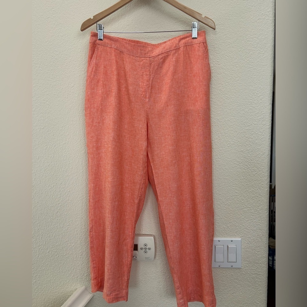 Chico's orange pink cropped linen blend pants pull up waist size 1
